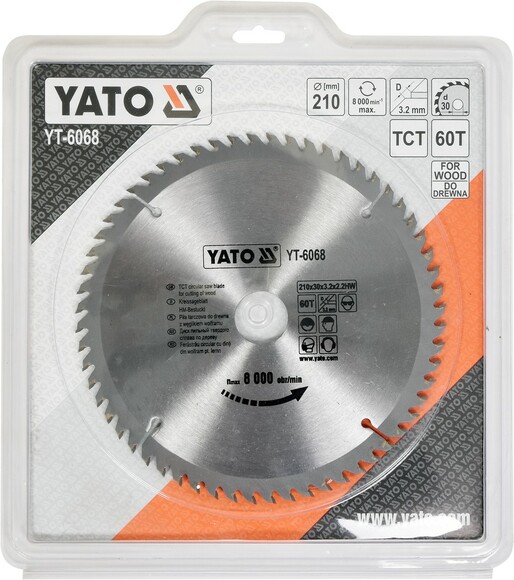 Диск пильный YATO по дереву 210х30x3.2x2.2 мм, 60 зубцов (YT-6068) изображение 2