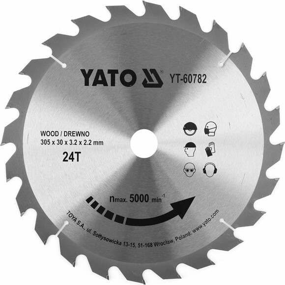 Диск пильний по дереву з побідитовими напайками Yato YT-60782 (305x30x3.2x2.2 мм), 24 зубців