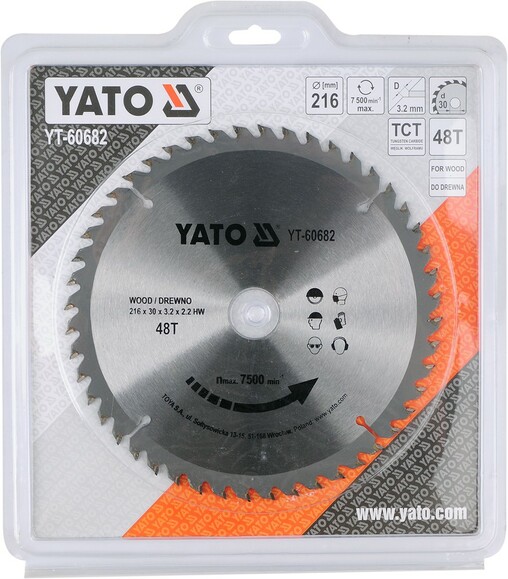 Диск пильний YATO по дереву 216х30х3.2х2.2 мм, 40 зубців (YT-60682) фото 2