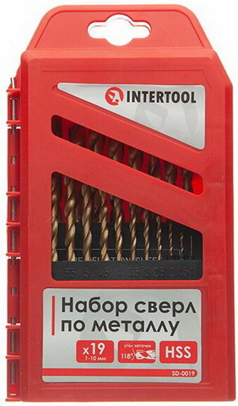 Набор сверл по металлу INTERTOOL, DIN338 HSS, 19 шт (1 - 10 мм), покрытие Ti (SD-0019)