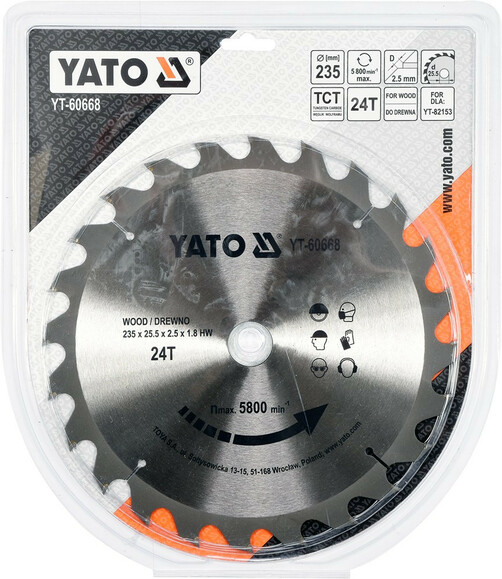 Диск пильный YATO по дереву 235х25.5x2.5х1.8 мм, 24 зубца (YT-60668) изображение 2