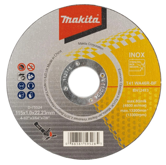 Тонкий отрезной диск Makita для нержавеющей стали 115х1х22.23мм 46R, плоский (D-75524) изображение 2