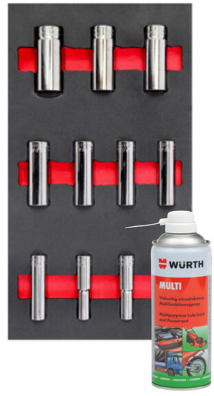 Набор торцевых головок Wurth  1/2 " удлиненные в ложементе 11 предметов + спрей MULTI (0965900206m)