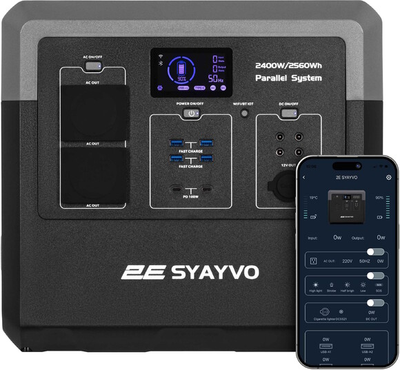 Портативная электростанция 2Е Syayvo 2400 Вт, 2560 Вт/ч, WiFi/BT, параллельное подключение, быстрая зарядка (2E-PPS24256) изображение 5