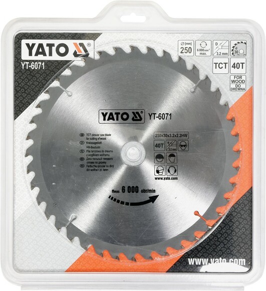Диск пильний YATO по дереву 250х30х3.2х2.2 мм, 40 зубців (YT-6071) фото 2