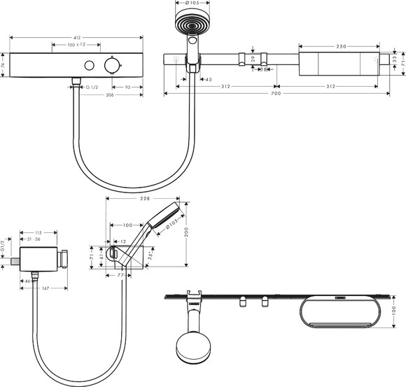 Душевой набор HANSGROHE WallStoris, с термостатом и штангой для душа, белый матовый (24250700) изображение 5