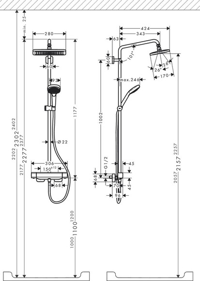 Душевая система HANSGROHE Croma E Showerpipe 280 1jet, с термостатом (27630000) изображение 2