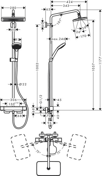 Душевая система HANSGROHE Croma E Showerpipe 280 1jet, с термостатом (27630000) изображение 3