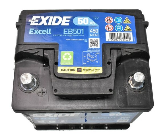 Акумулятор EXIDE EB501 Excell, 50Ah/450A  фото 2