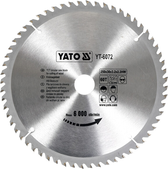 Диск пильний YATO по дереву 250х30х3.2х2.2 мм, 60 зубців (YT-6072)