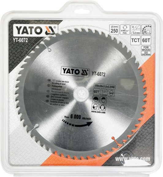 Диск пильний YATO по дереву 250х30х3.2х2.2 мм, 60 зубців (YT-6072) фото 2