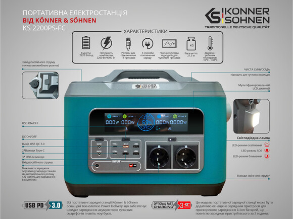 Зарядная станция Konner&Sohnen KS 2200PS-FC (2220 Вт·ч / 2200 Вт) изображение 10