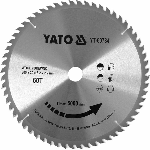 Диск пильный по дереву с победитовыми напайками Yato YT-60784 (305x30x3.2x2.2 мм), 60 зубцов