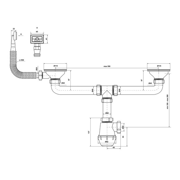 Сифон двойной для кухонной мойки KronoPlast 3 1/2''х40 мм с резьбовыми выпусками, прямоугольным переливом SM45710300 (CV019546) изображение 2