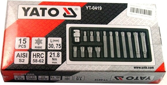 Набор насадок отверточных YATO "RIBE" 30х75 мм, адаптер 1/2" (YT-0419) изображение 3