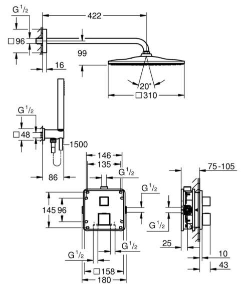 Душова система прихованого монтажу Grohe QuickFix Precision Cube c Vitalio Rain Mono 310 Cube (34879000) (CV033603) фото 6