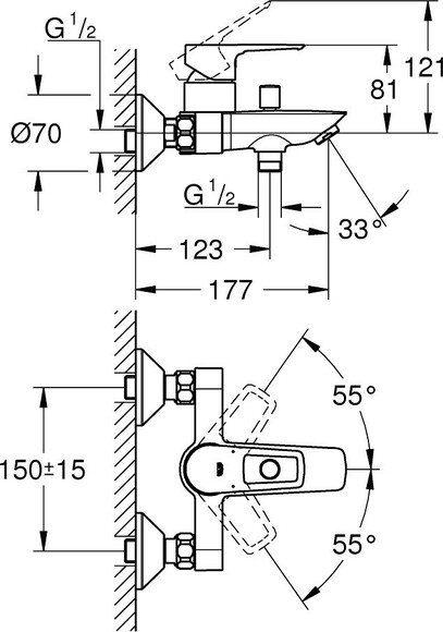 Cмеситель для ванны Grohe BauLoop New, однорычажный, настенный монтаж, хром (85653) (23603001) изображение 3