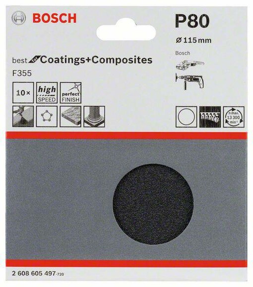 Шліфлист Bosch Best for Coatings and Composites, F355, К80, 115 мм, 10 шт. (2608605497) фото 2