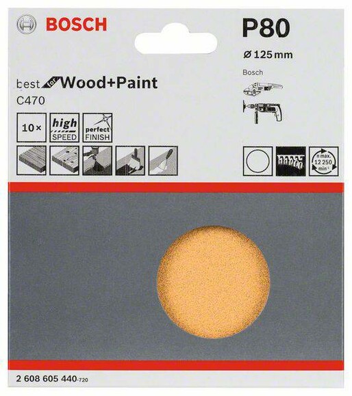 Шліфлист Bosch Expert для Wood and Paint C470, 125 мм, K80, 10 шт. (2608605440) фото 2