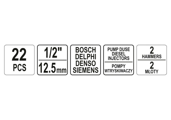 Съемники форсунок, инжекторов Yato ударные, с насадками, совместимые с BOSCH, DELPHI, DENSO, SIEMENS, 22 шт (YT-06175) фото 3