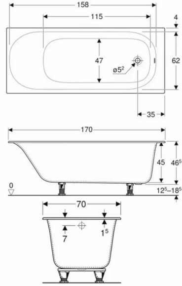 Ванна прямокутна GEBERIT SOANA Slim Rim, 170х70 см, з ніжками (554.002.01.1) фото 2