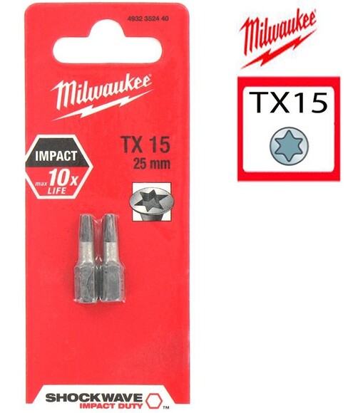 Бита для шуруповерта Milwaukee Red Rack TX15, 25 мм, 2 шт. (4932352440) изображение 2