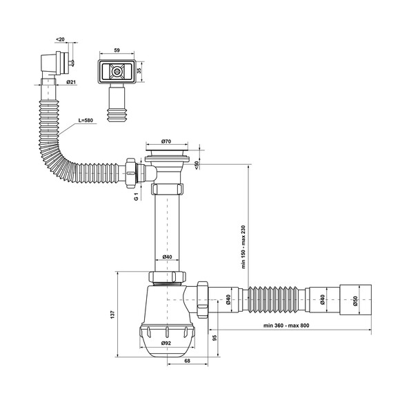 Сифон для кухонной мойки KronoPlast 1 1/2''х40 мм с резьбовым выпуском, с квадратным переливом SM26010343 (CV013747) изображение 2