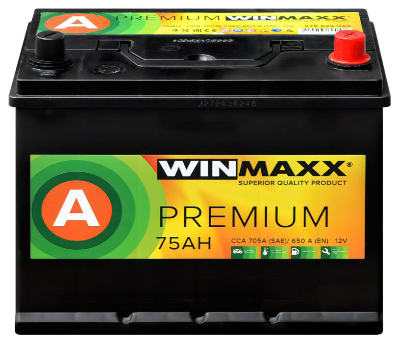 

Автомобильный аккумулятор WINMAXX ASIA 6CТ-75 R+, 12В, 75 Ач (A-75-MP)