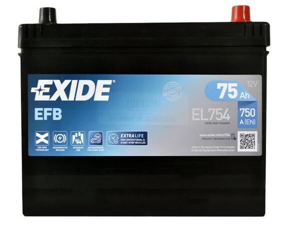 Акумулятор EXIDE EL754 (Start-Stop EFB), 75Ah/750A фото 2