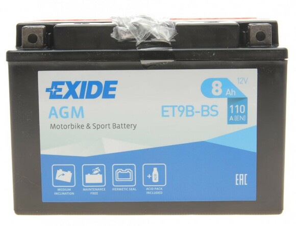 Акумулятор EXIDE ET9B-BS AGM, 8Ah/110A