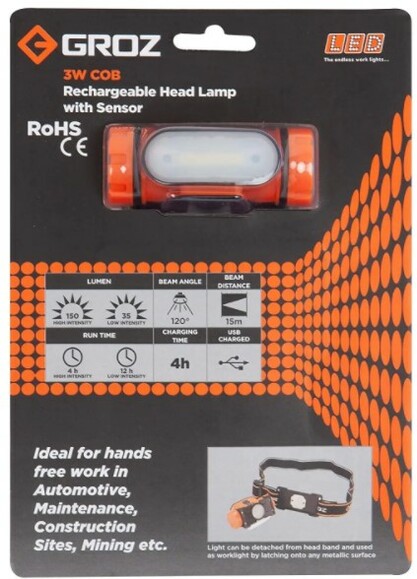 Фонарик налобный аккумуляторный LED-220, 3W COB, 150 люмен Groz 55052 изображение 6