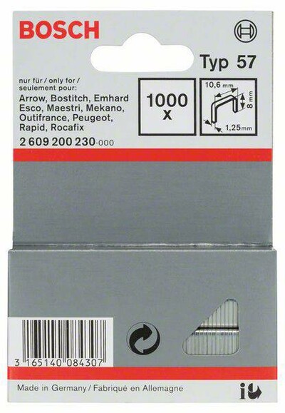 Скобы для степлера Bosch тип 57, 10.6х8 мм, 1000 шт. (2609200230)
