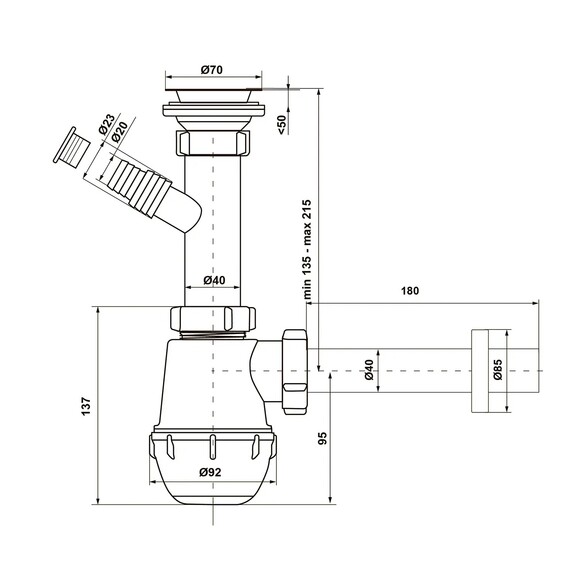 Сифон для кухонної мийки KronoPlast 1 1/2''х40 мм з різьбовим випуском, відводом для пральної машини SM14020002 (CV021605) фото 2