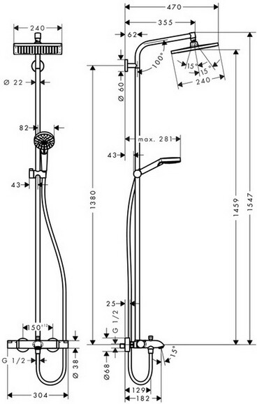 Душевая система HANSGROHE Crometta E 240 1jet Showerpipe, с термостатом (27298000) изображение 2