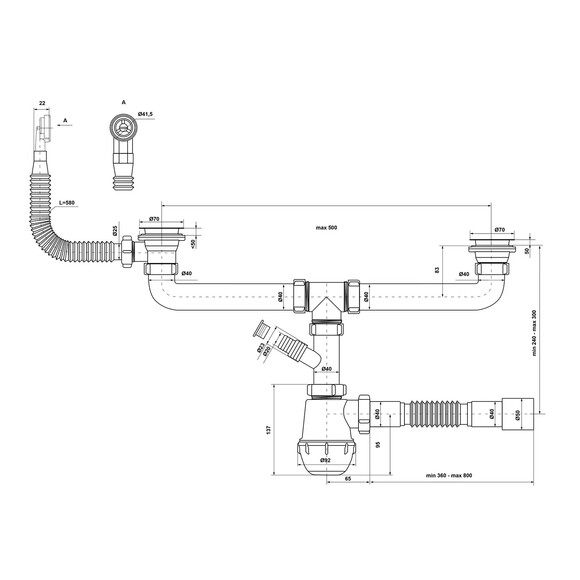 Сифон двойной для кухонной мойки KronoPlast 1 1/2''х40 мм с резьбовыми выпусками, отводом для стиральной машины с круглым переливом SM44620243 (CV019781) изображение 2