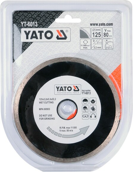 Диск алмазный YATO сплошной 125x5,3x22,2 мм для мокрой резки (YT-6013) изображение 2