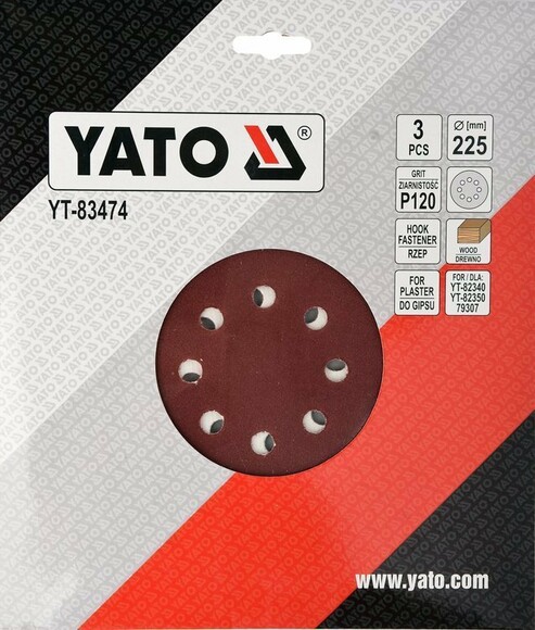 Круг шлифовальный с липучкой Yato YT-83474 для YT-82340 и YT-82350 (диам. 225 мм, Р120) изображение 2