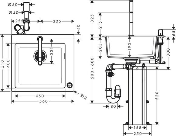 Кухонна мийка HANSGROHE C51-F450-06 в комплекті зі змішувачем, sBox, системою зливу (43217000) фото 4