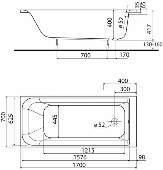 Ванна прямоугольная KOLO REKORD 170х70 см, без ножек (XWP3677000N) изображение 2