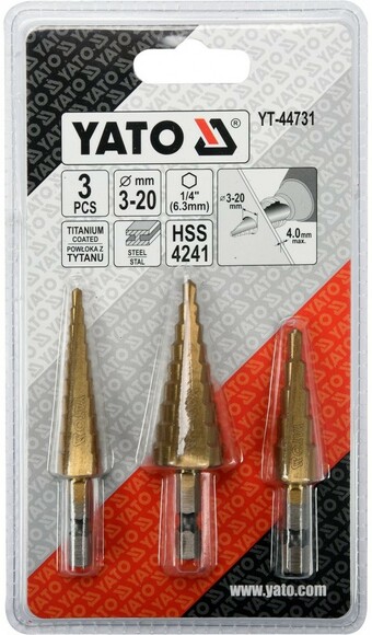 Сверла конические титановые по металлу Yato, HEX-1/4, HSS, 3-20 мм, 3 шт. (YT-44731) изображение 3