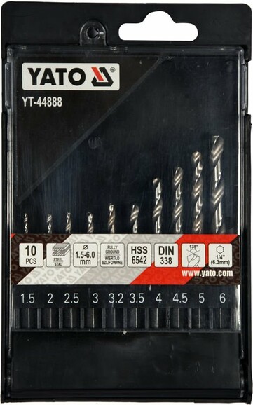 Набор сверл Yato HSS6542/ 1.5х6 мм, HEX-1/4" по металлу 10 шт в футляре (YT-44888) изображение 4