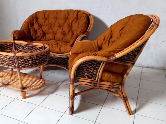 Комплект Копакабана Гіацинт темно-медовий з натурального ротангу, софа-2, 2 крісла,кавовий столик із склом,темно-гірчична м'яка частина (km27040) фото 3