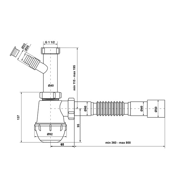 Сифон двойной для кухонной мойки KronoPlast 1 1/2''х40 мм с резьбовыми выпусками, отводом для стиральной машины SM34420043 (CV022236) изображение 2