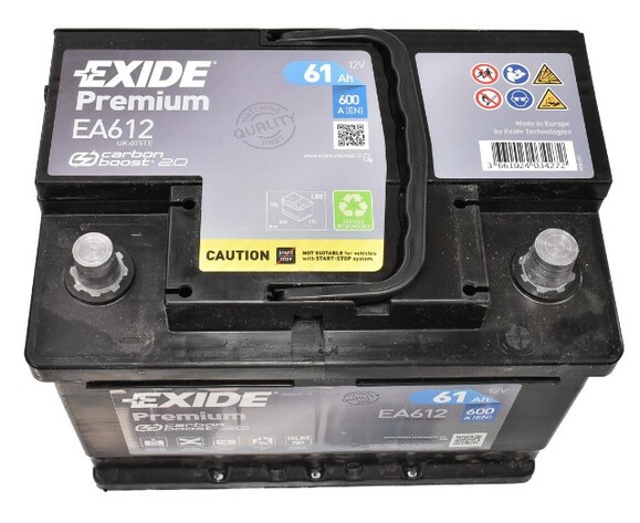 Акумулятор EXIDE EA612 Premium, 61Ah/600A фото 2