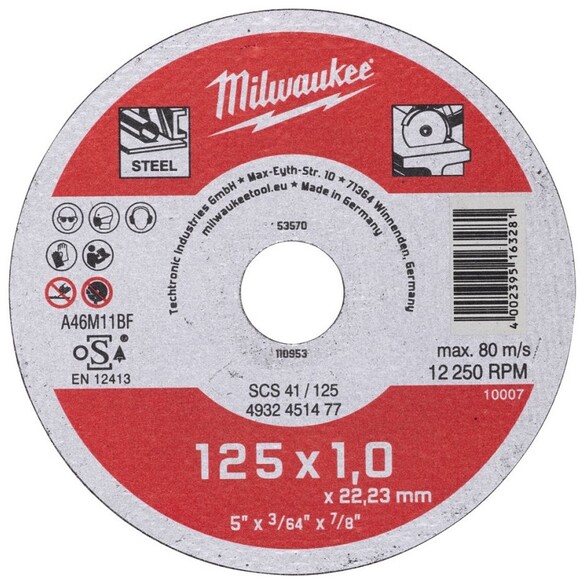 Диск відрізний по металу Milwaukee SCS 41 / 125х1, 125 мм (4932451477)