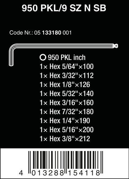 Набор Г-образных ключей Wera 950/9 Hex-Plus Imperial 1 SB, BlackLaser (05133180001) изображение 3