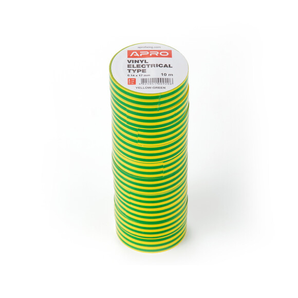 Ізолента 0,14мм*17мм*10м жовто-зелена (пач 10шт) APRO (ET-10YG) фото 3