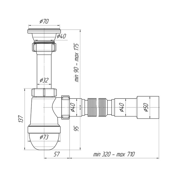 Сифон для раковины ANIplast с резьбовым выпуском 70 мм, с гибкой трубой 40х40/50 мм С0115EU (CV016282) изображение 2