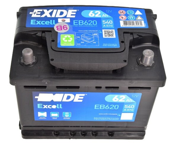 Акумулятор EXIDE EB620 Excell, 62Ah/540A  фото 2