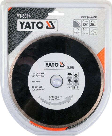 Диск алмазний YATO суцільний 180x5,3x22,2 мм для мокрого різання (YT-6014) фото 2